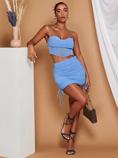 SHEIN BAE Lettuce Trim Tie Backless Crop Halter Top & Drawstring Side Bodycon Skirt