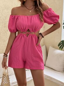 SHEIN Unity Off Shoulder Cut Out Crisscross Romper - Hot Pink - View 1