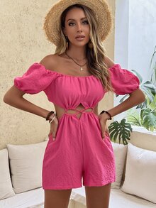 SHEIN Unity Off Shoulder Cut Out Crisscross Romper - Hot Pink - View 3