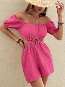 SHEIN Unity Off Shoulder Cut Out Crisscross Romper - Hot Pink - View 4