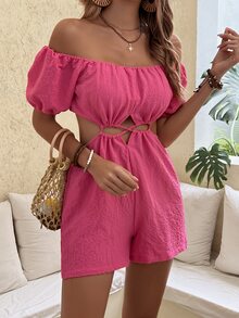 SHEIN Unity Off Shoulder Cut Out Crisscross Romper - Hot Pink - View 5