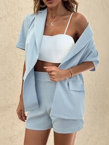 SHEIN Unity Single Button Blazer & Shorts Without Cami Top - Blue - View 3