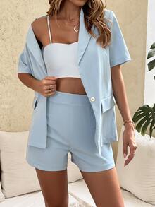 SHEIN Unity Single Button Blazer & Shorts Without Cami Top - Blue - View 5