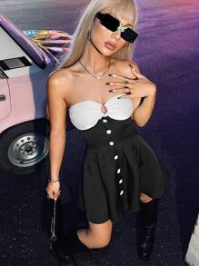 Button Front Corset Waist Flared Skirt - Black - View 5