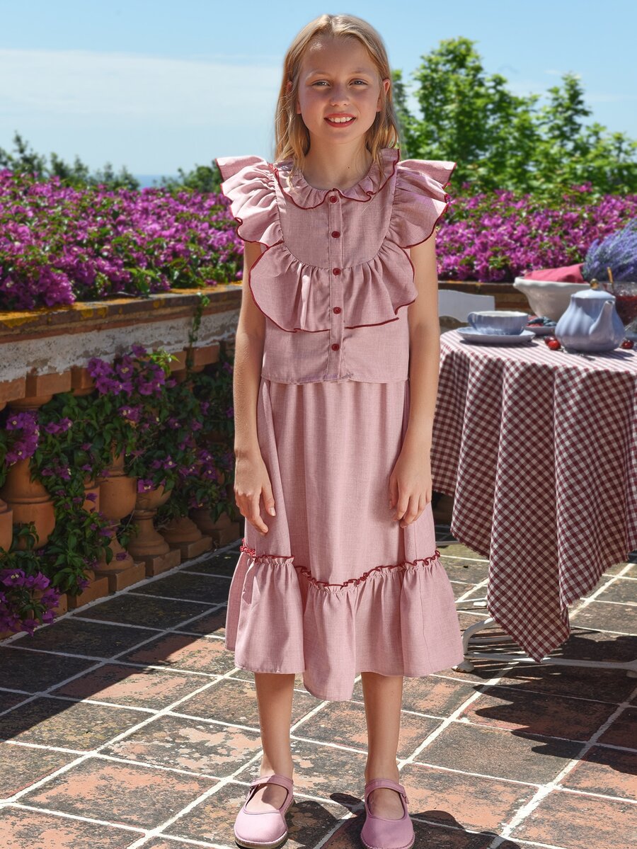 SHEIN 女孩荷葉邊襯衫和荷葉邊下擺半身裙