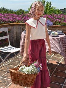 SHEIN Niñas de cuello exagerado Top & bajo con fruncido Pantalones de pierna ancha - Rojo y blanco - Ver 1