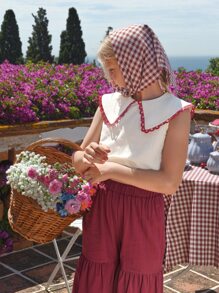 SHEIN Niñas de cuello exagerado Top & bajo con fruncido Pantalones de pierna ancha - Rojo y blanco - Ver 5