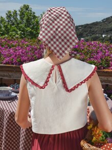 SHEIN Niñas de cuello exagerado Top & bajo con fruncido Pantalones de pierna ancha - Rojo y blanco - Ver 4