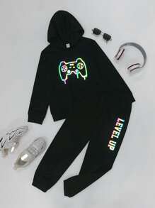 SHEIN Boys Reflective Gamepad Print Hoodie & Joggers - Black - View 1