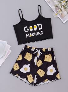 女童(大)卡通標語印花背心 + 短褲家居服套裝