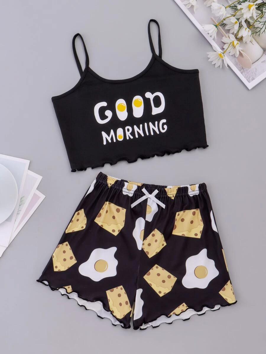 女童(大)卡通標語印花背心 + 短褲家居服套裝