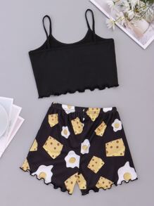 女童(大)卡通標語印花背心 + 短褲家居服套裝