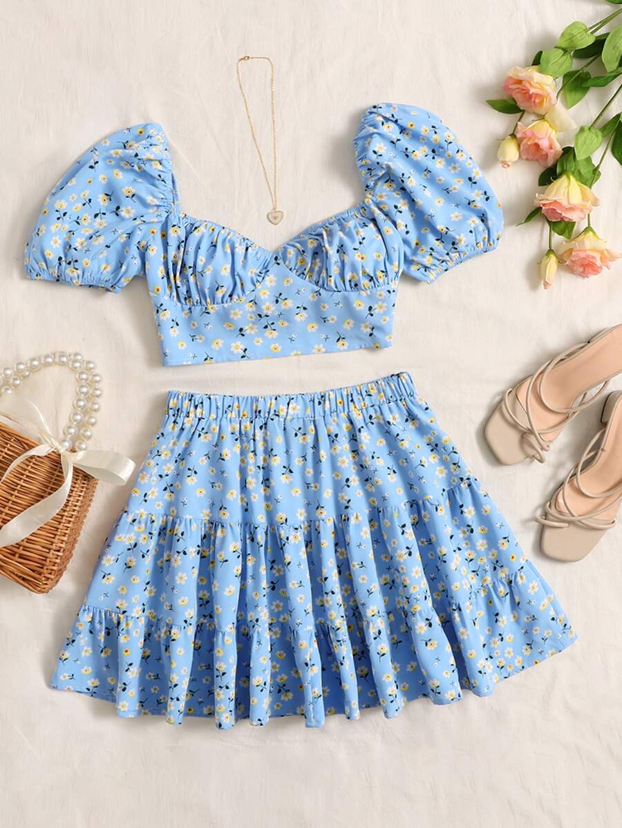 Soleia Ditsy Floral Tie Back Top & Ruffle Hem Skirt Set - Baby Blue - View 1