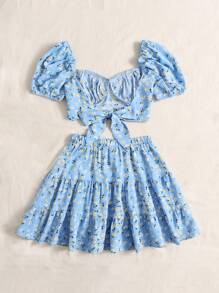 Soleia Ditsy Floral Tie Back Top & Ruffle Hem Skirt Set - Baby Blue - View 2