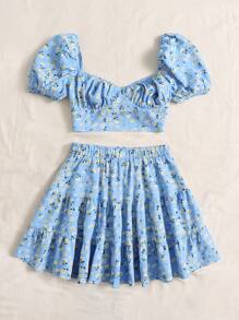 Soleia Ditsy Floral Tie Back Top & Ruffle Hem Skirt Set - Baby Blue - View 3