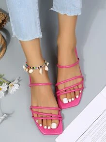 Minimalist Thin Stripe Hot Pink Slide Sandals, Fashionable Slippers