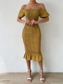 SHEIN Unity Ditsy Floral Shirred Off Shoulder Ruffle Trim Mermaid Hem Bodycon Dress - Yellow - View 4