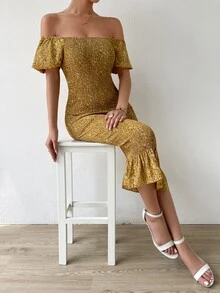 SHEIN Unity Ditsy Floral Shirred Off Shoulder Ruffle Trim Mermaid Hem Bodycon Dress - Yellow - View 6