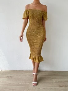 SHEIN Unity Ditsy Floral Shirred Off Shoulder Ruffle Trim Mermaid Hem Bodycon Dress - Yellow - View 3