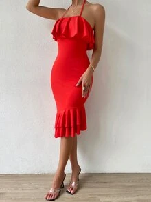 Vestido ajustado fluido ribete con fruncido bajo a capas de espalda abierta con cordón halter