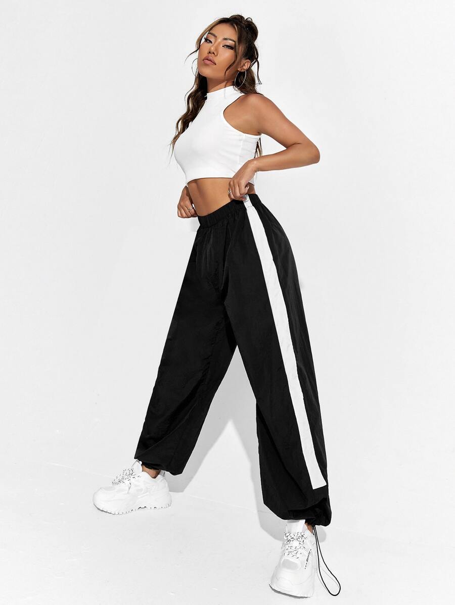 EURMUSE Side Striped Elastic Waist Trousers - Black - View 1