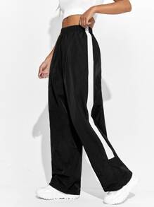 EURMUSE Side Striped Elastic Waist Trousers - Black - View 3