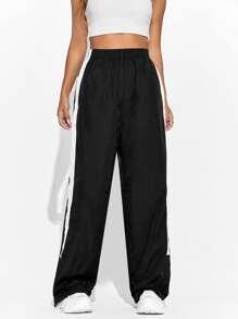 EURMUSE Side Striped Elastic Waist Trousers - Black - View 4