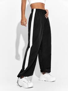 EURMUSE Side Striped Elastic Waist Trousers - Black - View 5