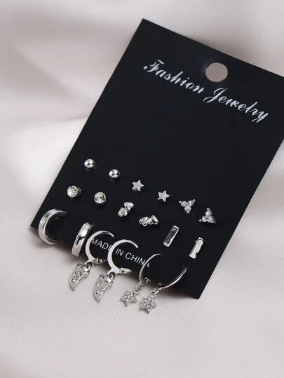 9pairs Rhinestone & Star Decor Earrings