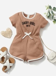 Baby Girl Letter Graphic Contrast Binding Knotted Front Romper