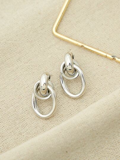 A Pair Hollowed Metal Shiny Electroplated Oval Stud Earrings For Women Vintage Style Daily Wear Jewelry