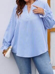 Plus Striped Notched Neck Flounce Sleeve Blouse Fall Cloth For Women - Blue and White - View 1