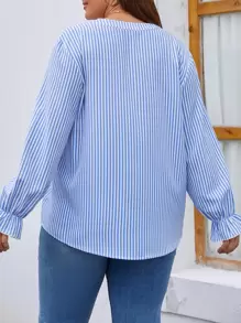 Plus Striped Notched Neck Flounce Sleeve Blouse Fall Cloth For Women - Blue and White - View 2