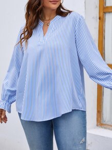 Plus Striped Notched Neck Flounce Sleeve Blouse Fall Cloth For Women - Blue and White - View 3