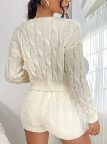 Chiquease 麻花編織落肩袖套頭毛衣和針織短褲 - 杏色 - 查看 2