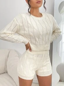 Chiquease 麻花編織落肩袖套頭毛衣和針織短褲 - 杏色 - 查看 6