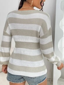 SHEIN Unity 撞色落肩袖條紋針織套頭毛衣 - 彩色 - 查看 2