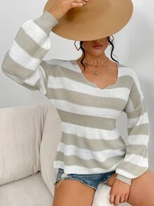 SHEIN Unity 撞色落肩袖條紋針織套頭毛衣 - 彩色 - 查看 6