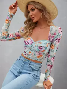 SHEIN Privé 印花拼接滾邊網紗短款上衣 - 彩色 - 查看 5