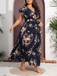 Mulvari Plus Floral Print Butterfly Sleeve Belted Dress - Navy Blue - View 3