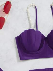 SHEIN Swim 夏日海灘3入組假珍珠裝飾推擠式比基尼和海灘裙 - 紫羅蘭色 - 查看 3