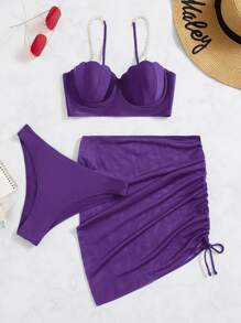 SHEIN Swim 夏日海灘3入組假珍珠裝飾推擠式比基尼和海灘裙 - 紫羅蘭色 - 查看 5