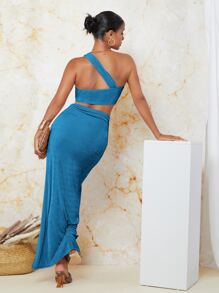 SHEIN BAE One Shoulder Twist Crop Top & Split Thigh Skirt Set - Blue - View 2