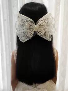 1入組大型白色蕾絲蝴蝶結珍珠髮夾，適用於婚禮花童或節日派對的女孩 - 白色 - 查看 1