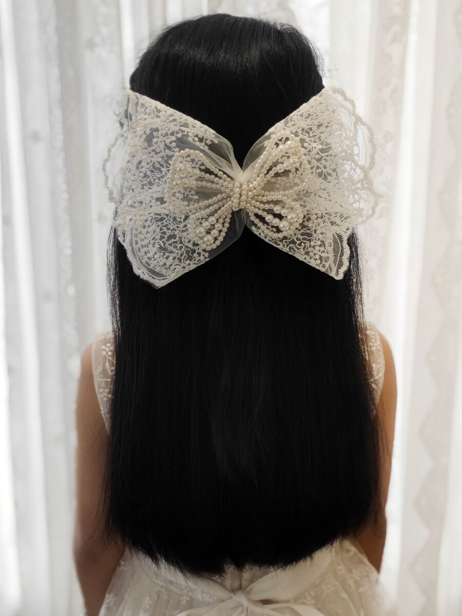 1入組大型白色蕾絲蝴蝶結珍珠髮夾，適用於婚禮花童或節日派對的女孩 - 白色 - 查看 1