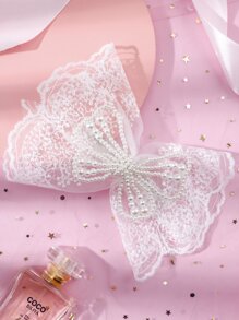 1入組大型白色蕾絲蝴蝶結珍珠髮夾，適用於婚禮花童或節日派對的女孩 - 白色 - 查看 2