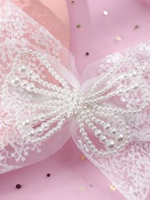 1入組大型白色蕾絲蝴蝶結珍珠髮夾，適用於婚禮花童或節日派對的女孩 - 白色 - 查看 3