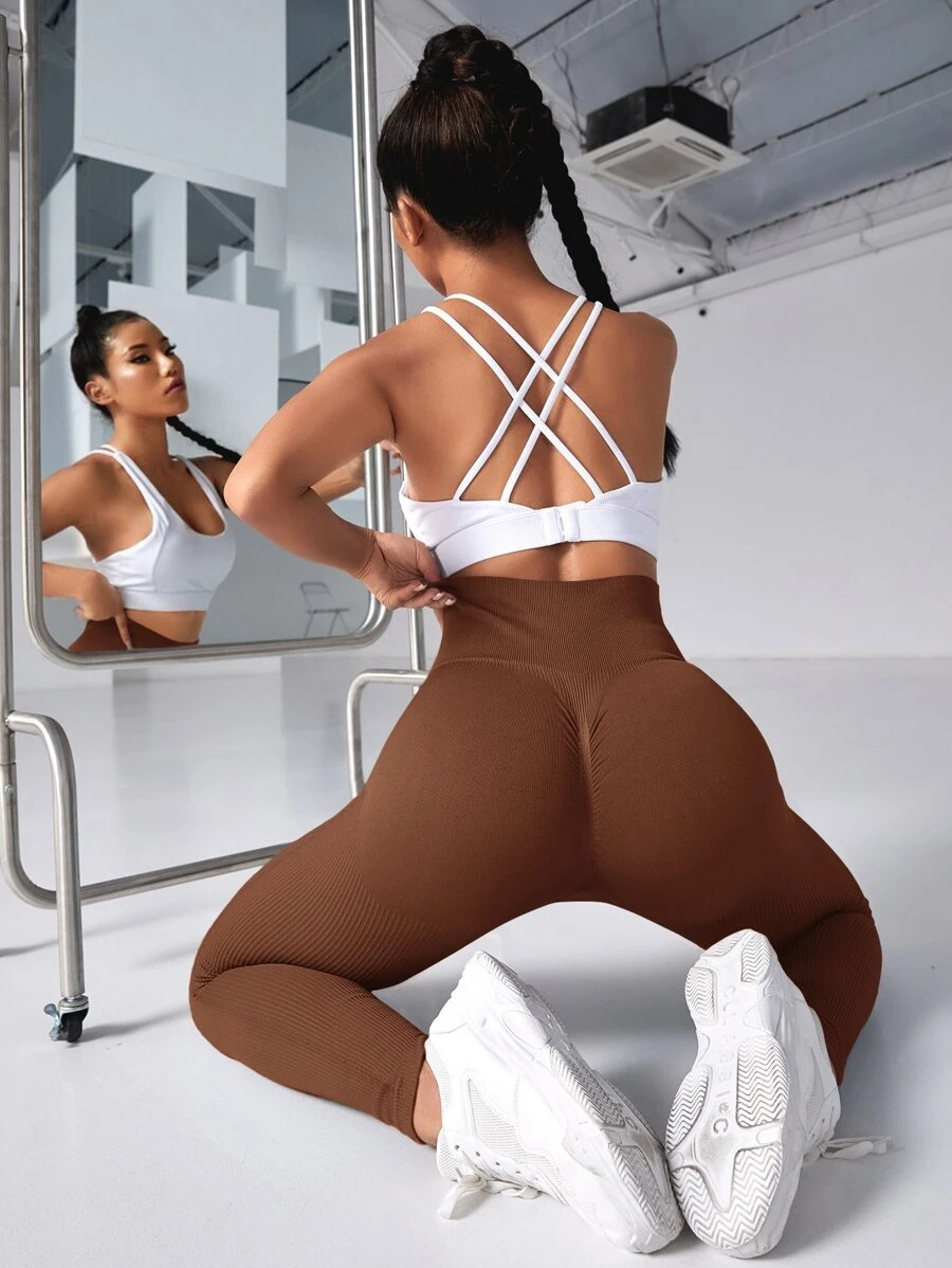 Slayform Quần Leggings Thể thao Nữ Xù Gân đan màu trơn - Cà phê nâu - Xem 1