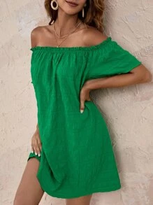 SHEIN VCAY 木耳邊一字肩直筒連衣裙 - 綠色 - 查看 1