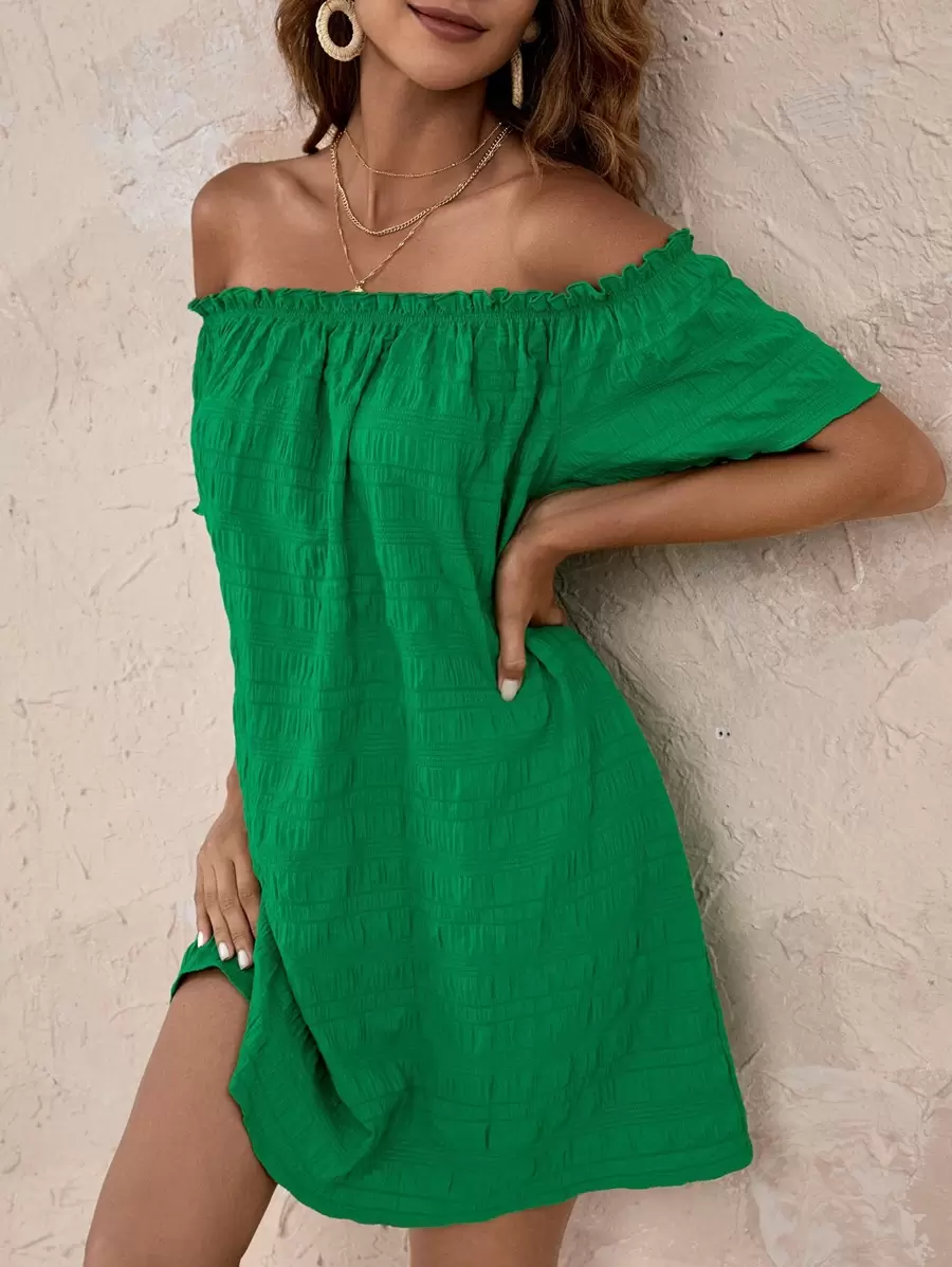 SHEIN VCAY 木耳邊一字肩直筒連衣裙 - 綠色 - 查看 1